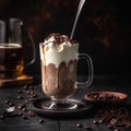 Appetizing sweet hot chocolate with cream in a glass, tasty treat, confectionery product, close-up on black