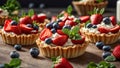 Appetizing tartlets cream, strawberries, blueberries mint sweet fresh dessert