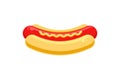 Appetizing tasty hot dog sausage bun with mustard vector illustration. Unhealthy hotdog fast food