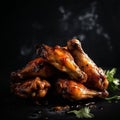 Appetizing tasty hot grilled chicken wings, isolated on black close-up,