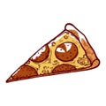 Appetizing tasty pizza triangle piece with sausage and cheese vector engraved illustration