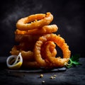 Appetizing tasty squid fried in batter isolated on black close-up,