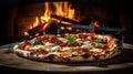 appetizing and tasty typical Italian pizza with mozzarella, cherry tomatoes and basil cooked in a wood oven in the background Royalty Free Stock Photo