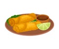 Appetizing Thai Food of Deep Fried Meat and Spicy Sauce Served on Ceramic Plate Side View Vector Illustration