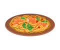 Appetizing Thai Food of Noodles and Shrimps Served on Ceramic Plate Side View Vector Illustration