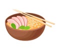 Appetizing Thai Food of Porridge with Bacon Slices Served in Ceramic Bowl Side View Vector Illustration