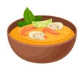 Appetizing Thai Food of Pumpkin Porridge with Shrimps Served in Ceramic Bowl Side View Vector Illustration
