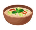 Appetizing Thai Food of Rice with Vegetables Served in Ceramic Bowl Side View Vector Illustration