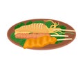 Appetizing Thai Food of Seafood Skewers and Greenery Served on Ceramic Plate Side View Vector Illustration