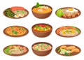 Appetizing Thai Food Served on Ceramic Plates Side View Vector Illustration