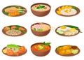 Appetizing Thai Food Served on Ceramic Plates Side View Vector Illustration