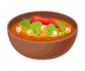 Appetizing Thai Noodle Soup with Hot Pepper and Greenery Served in Ceramic Bowl Side View Vector Illustration