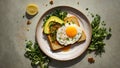 Appetizing toast with fried egg, avocado meal food