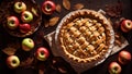 Appetizing traditional apple pie, on old background, autumn leaves breakfast snack