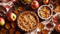 Appetizing traditional apple pie, on old background, holiday leaves breakfast snack