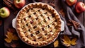 Appetizing traditional apple pie, dessert old background, holiday leaves breakfast snack Royalty Free Stock Photo