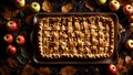 Appetizing traditional apple pie, on old background, autumn leaves