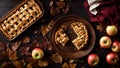 Appetizing traditional apple pie, on old background, autumn leaves breakfast