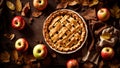 Appetizing traditional apple pie, recipe old background, holiday leaves breakfast snack