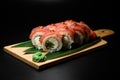 Appetizing view of pieces of Philadelphia tuna sushi roll with cucumber, cream cheese and drop of teriyaki sauce on Royalty Free Stock Photo