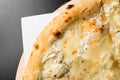 Appetizing view on white pizza Quattro formaggi with cheddar, parmesan, mozzarella and blue cheese on black background Royalty Free Stock Photo