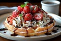 Appetizing waffle for breakfast with strawberries and whipped cream. Royalty Free Stock Photo