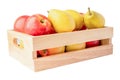 Appl and pear fruit in wooden box on white background with clipping path