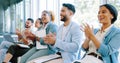 Applause, business people and smile in conference, workshop and motivation in convention room. Happy workers clapping Royalty Free Stock Photo