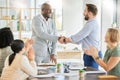 Applause, diversity acquisition handshake and business people celebrate investment, b2b contract deal or merger success Royalty Free Stock Photo