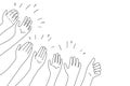 Applause hands set on doodle style. Human hands sketch, scribble arms wave clapping on white background, thumb up