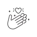 Applause icon in line style with thank you. Hands with a heart