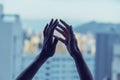 Applause. Woman clapping hands, applauding from balcony to support doctors, nurses, hospital workers, medical staff Royalty Free Stock Photo