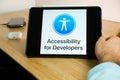 Apple accessibility for developers logo on the screen of iPad tablet. March 2021, San Francisco, USA
