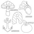 Apple, anchor, amanita, acorn letter A in kids alphabet Royalty Free Stock Photo