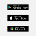 Apple App store and Google Play store, Microsoft store. Download App buttons. Download mobile application, UI elements. Editorial