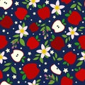 Apple, apple slices, and flowers, flat desgin illustration, over dark blue background seamless pattern. Royalty Free Stock Photo