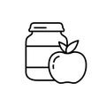 Apple baby food. Linear icon of complementary foods in jar. Black illustration of ready fruit purees in glass bottle. Contour