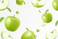 Apple background. Flying whole, half and slices of fresh apples. With blurry effect. Can be used for wallpaper, banner, poster, Royalty Free Stock Photo