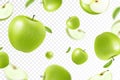 Apple background. Flying whole, half and slices of fresh apples. With blurry effect. Can be used for wallpaper, banner, poster, Royalty Free Stock Photo