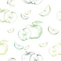 Apple background. Seamless pattern of hand-drawn green apples on white background. Vector backdrop. Royalty Free Stock Photo