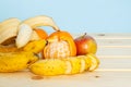 Apple, Bananas, mandarines on table Royalty Free Stock Photo