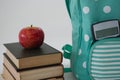 Apple, books, calculator and schoolbag on white background Royalty Free Stock Photo