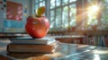 Apple on books in sunlit classroom - generative ai