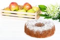 Apple Bundt Cake Sprinkled with Icing Sugar on white old wooden table with apples and spring bouquet Royalty Free Stock Photo