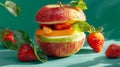 Apple burger with layers of sliced orange tangerine strawberries garnished with fresh mint leaves on blue background. Sunlight.