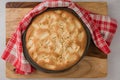 Apple cake with sliced apples on baking pan, just from oven, close up