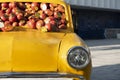 Apple car installation. Old yellow retro car with artificial apples inside. Closeup of yellow classic vintage car
