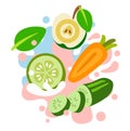 Apple, carrot, cucumber on abstract colored background