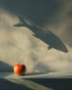 Apple casting fish shadow illusion surreal scene Royalty Free Stock Photo