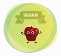 Apple character. Organic fruit. Circle label. Cartoon food mascot with happy face. Fresh juicy product. Natural vitamin